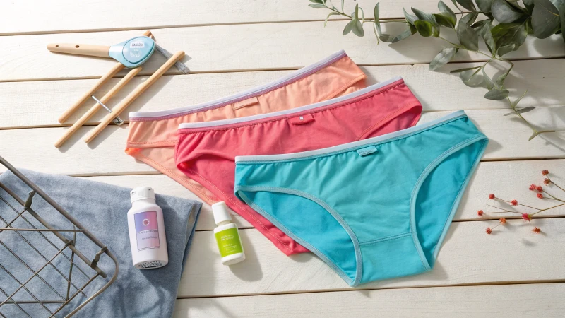 Flat lay of colorful underwear and garment care items