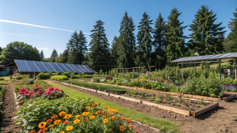 A vibrant community garden with flowers and vegetables under a blue sky