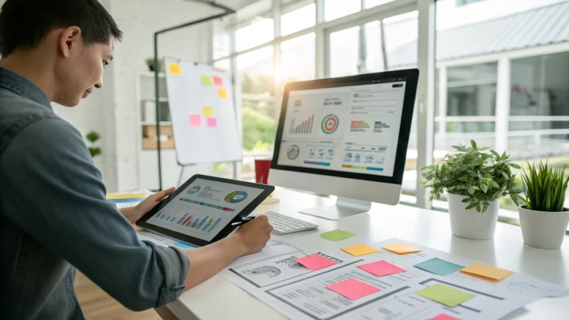 A designer in a modern office analyzing feedback on a tablet.