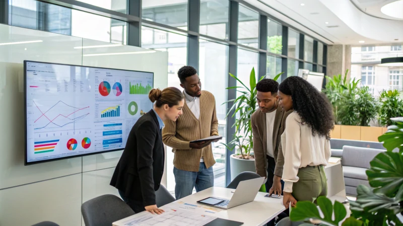 A diverse group of professionals discussing strategies in a modern office