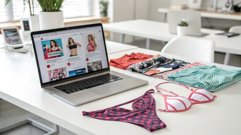 A modern office with a laptop displaying social media ads and stylish underwear pieces.