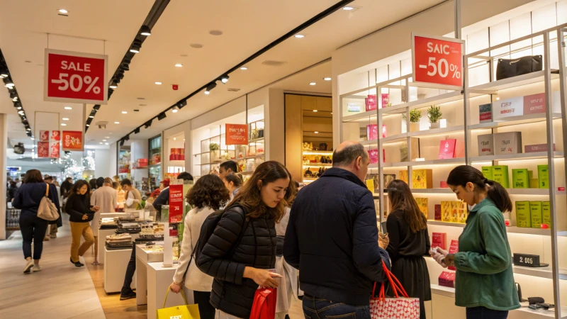 A lively retail storefront with shoppers and diverse products