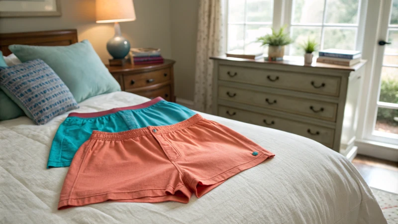 Vibrant boxer shorts on a plush bed