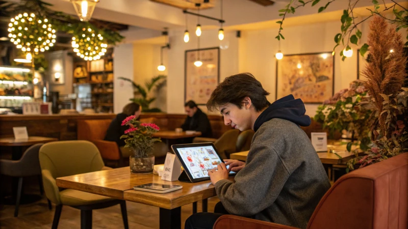 A young adult using a tablet in a cozy cafe.