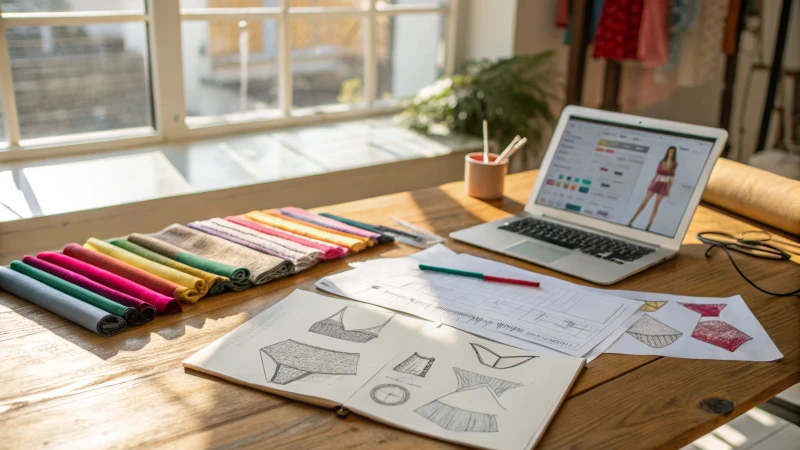 A bright workspace with sketches and fabric swatches