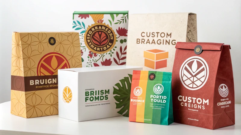 An array of vibrant custom packaging designs in a bright studio setting