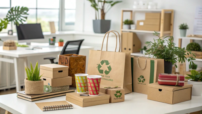 A vibrant display of eco-friendly packaging materials in a modern workspace