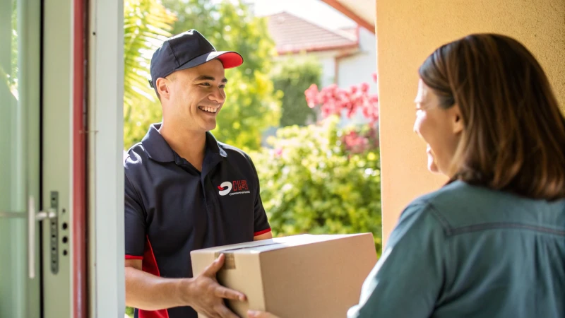 Delivery person smiling while handing over a package to a customer at the doorstep.