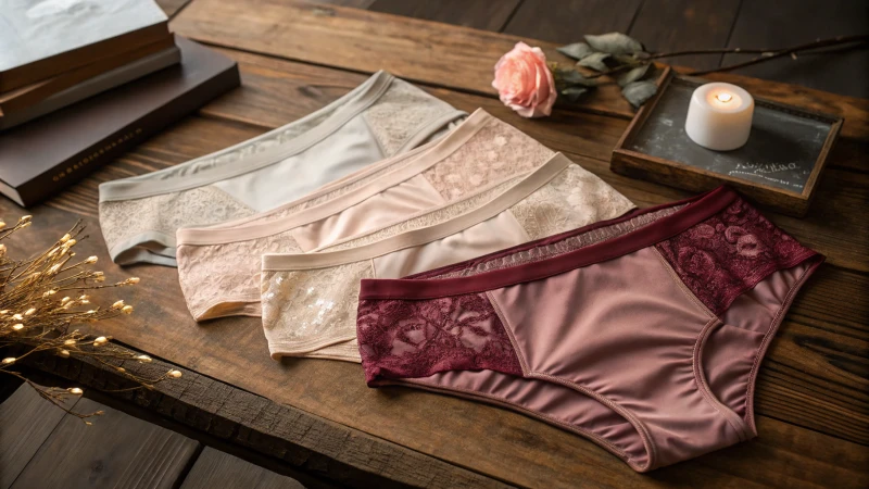 Sophisticated designer underwear display on rustic table
