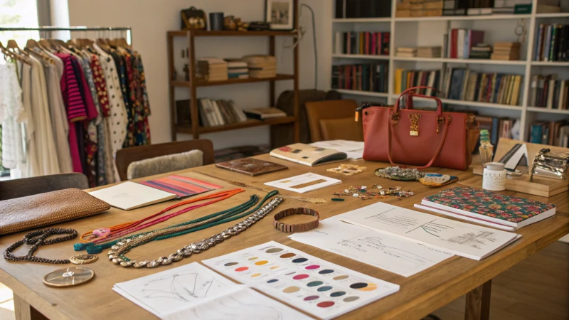 A designer's workspace with fashion accessories and sketches