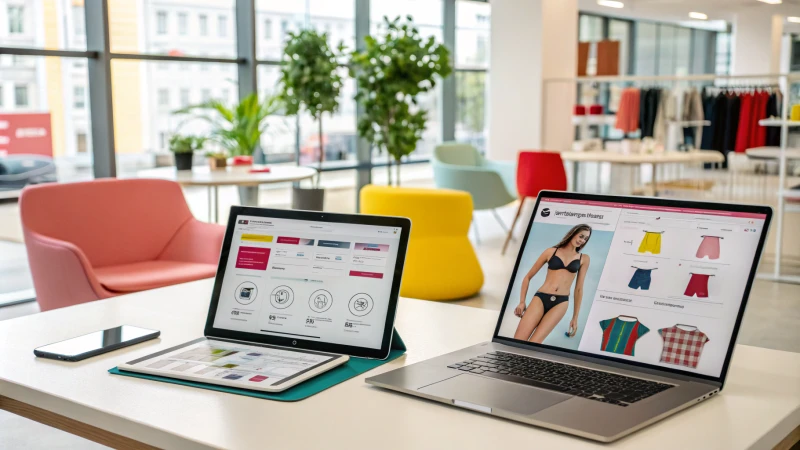 A modern digital marketing workspace with laptops and tablets