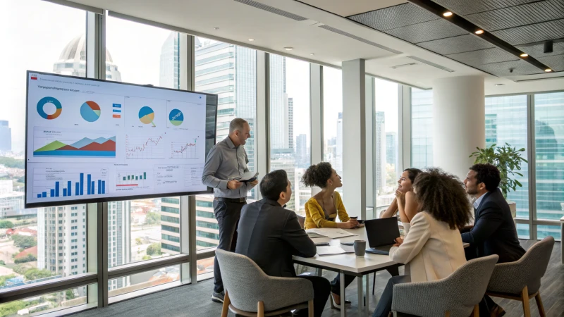 A diverse group of business professionals discussing strategies in a modern conference room
