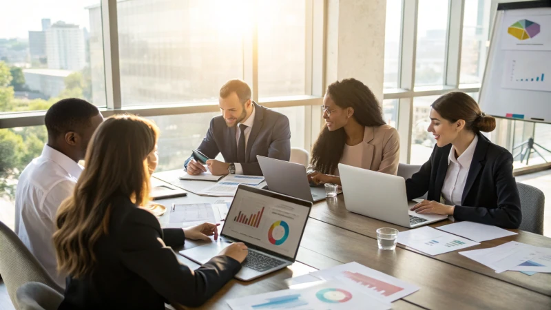 Diverse group of business professionals discussing strategies in a conference room