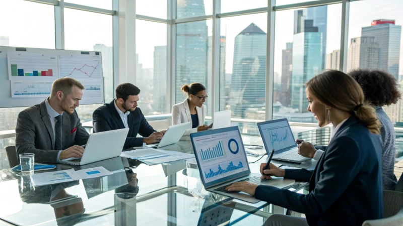 A diverse group of business professionals collaborating in a modern office.