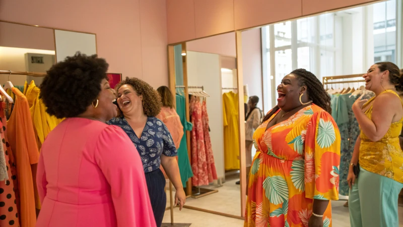 Diverse individuals in a modern fitting room trying on colorful outfits.