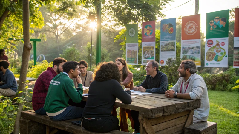 A diverse group of people discussing climate adaptation outdoors