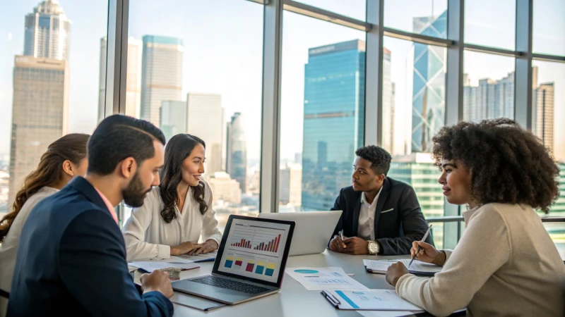 A diverse group of professionals discussing in a modern conference room