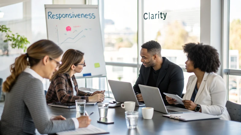 A diverse group of professionals discussing in a conference room