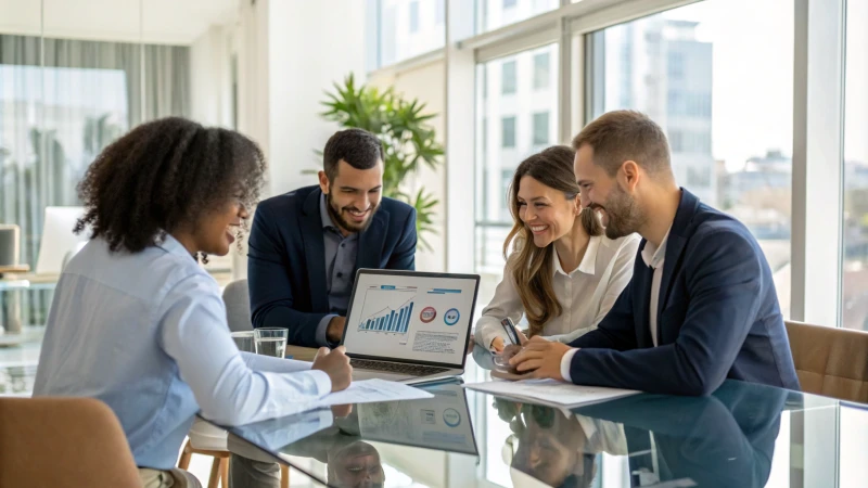 Modern office workspace with laptop and digital contract interface