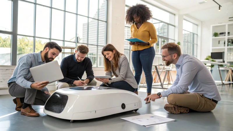 A diverse team of professionals discussing a product prototype in a modern office