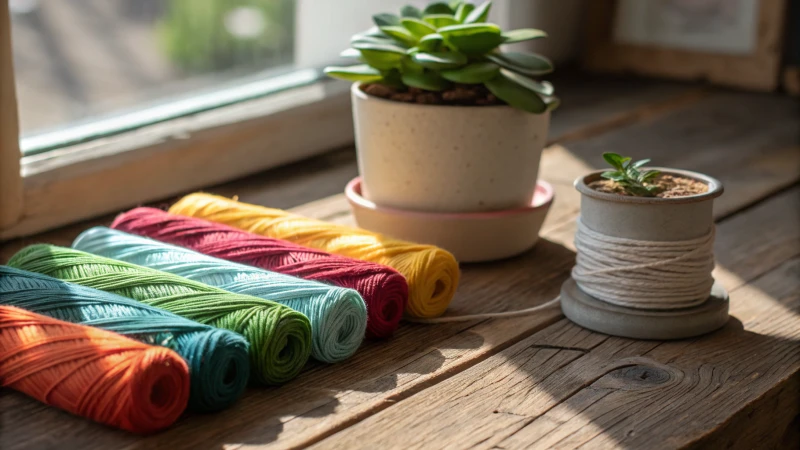 Close-up of vibrant eco-friendly embroidery threads on a rustic wooden table