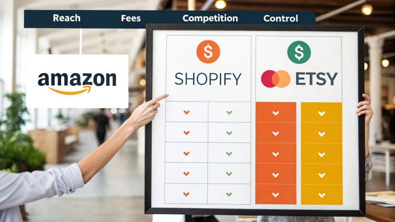 Infographic comparing Amazon, Shopify, and Etsy for e-commerce selling