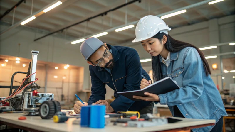 Two engineers examining a prototype in a workshop