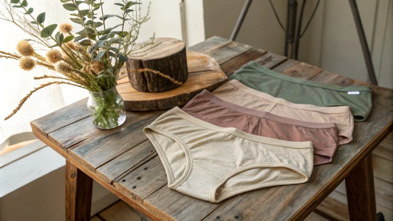 Ethically made designer underwear on a wooden table