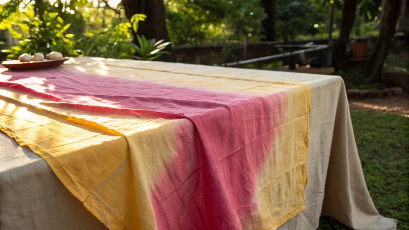 Close-up of naturally dyed fabric with vibrant colors