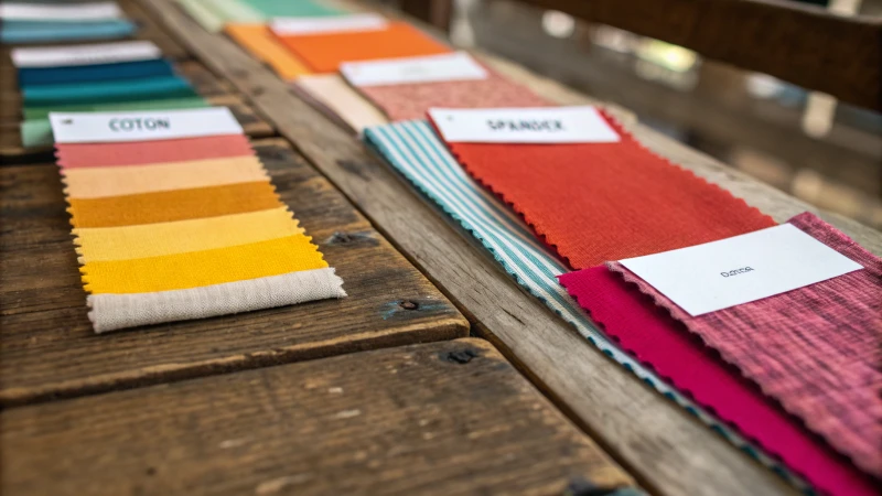 Close-up view of various colorful fabric swatches on a wooden table