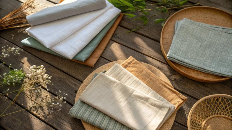 Flat lay of fabric swatches on a rustic wooden table