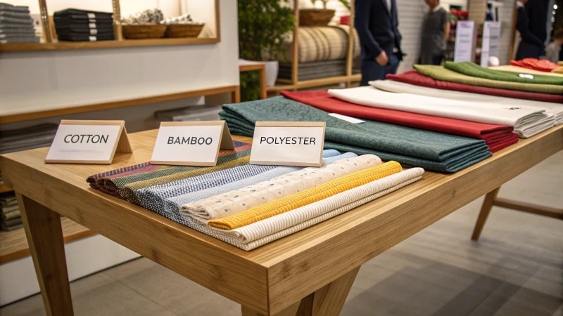 An array of fabrics displayed on a wooden table