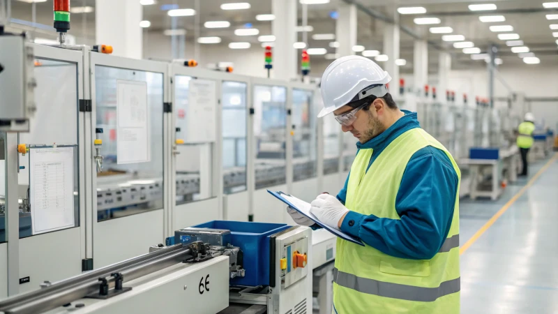 A factory worker inspecting machines during an audit