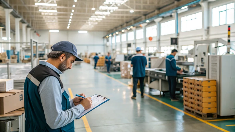 An auditor inspecting machinery in a factory setting