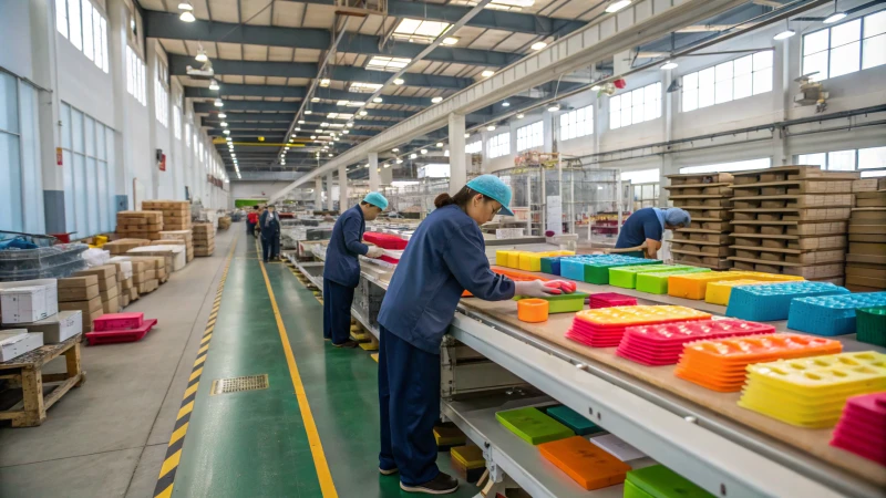 Inside a factory with workers inspecting products on a production line