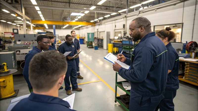 Diverse factory workers in a training session