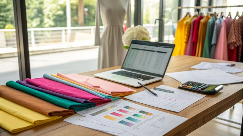 Bright and organized fashion design workspace with wooden desk