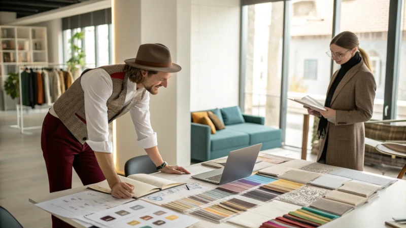 Fashion designer discussing with a professional in an office