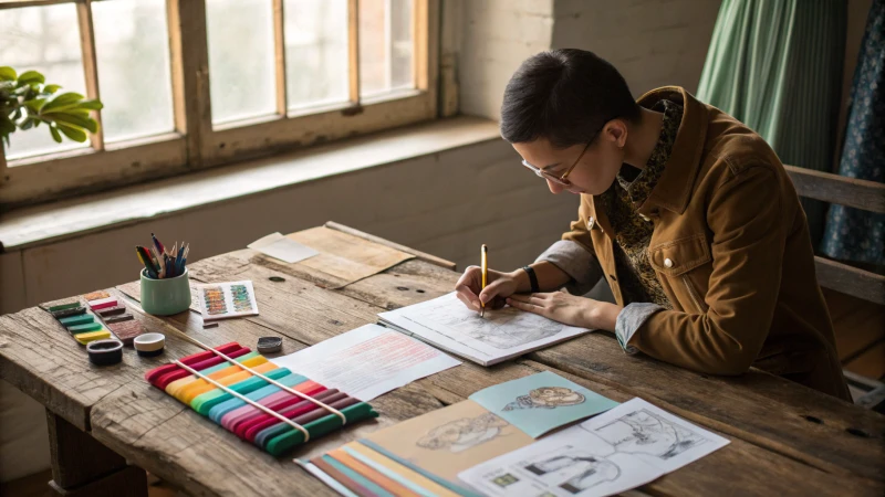 A fashion designer sketching at a wooden table filled with fabrics and magazines