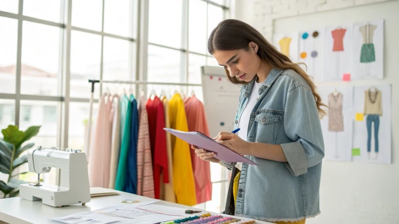 A young female fashion designer examining a tech pack in her studio
