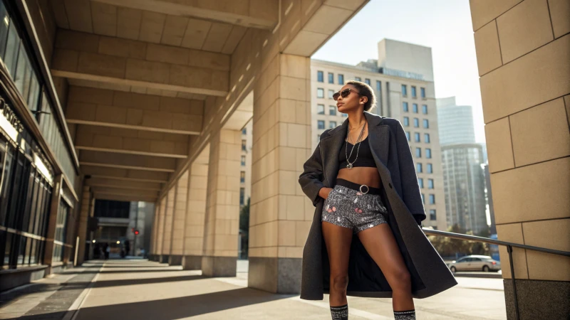 A fashionable woman in an urban environment wearing men's boxer briefs as outerwear