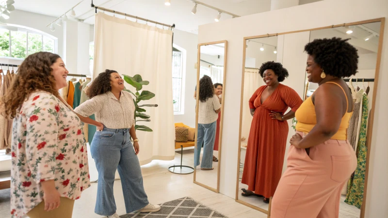 Individuals trying on outfits in a modern fitting room