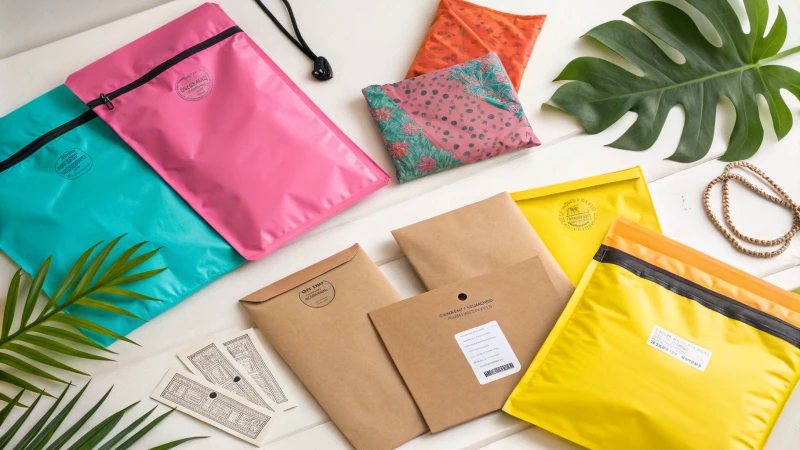 Flat lay of colorful poly mailers and kraft paper bags for custom underwear packaging