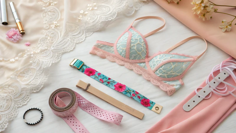 Flat lay of undergarment accessories on pastel fabric