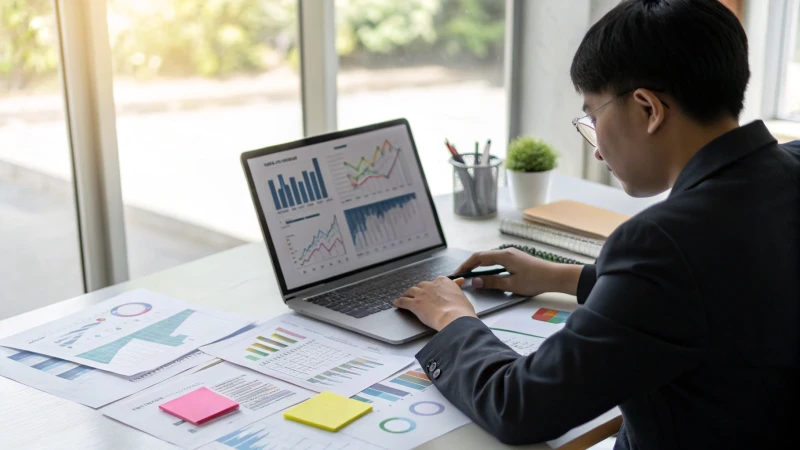 A business professional analyzing graphs on a laptop in a modern office.