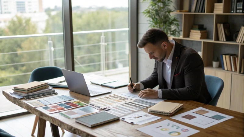 A focused businessman analyzing product samples in a modern office