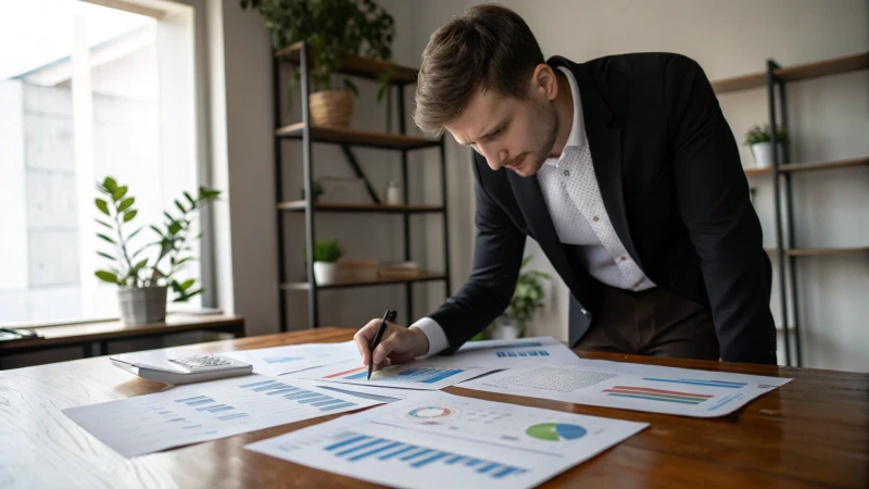 A professional reviewing manufacturing documents on a wooden desk
