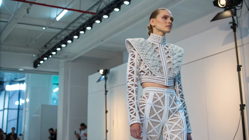 High-fashion outfit made with 3D printing in a modern studio