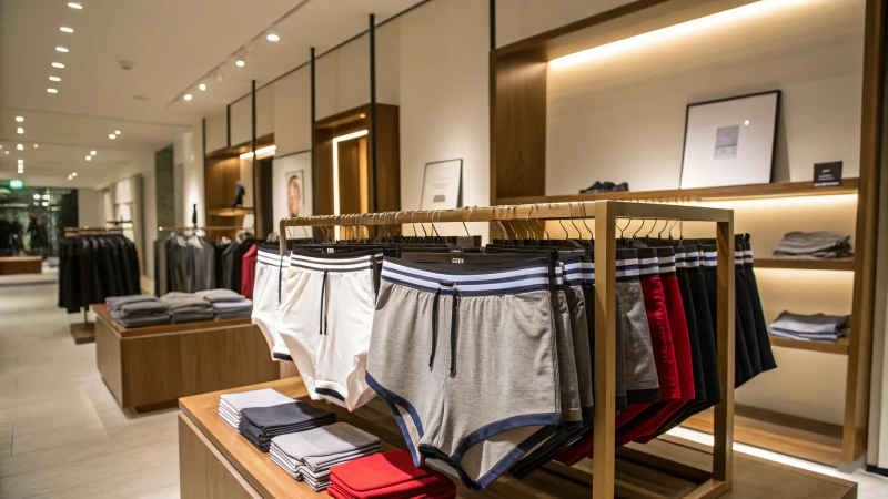 Display of high-waisted men's briefs in a modern clothing store