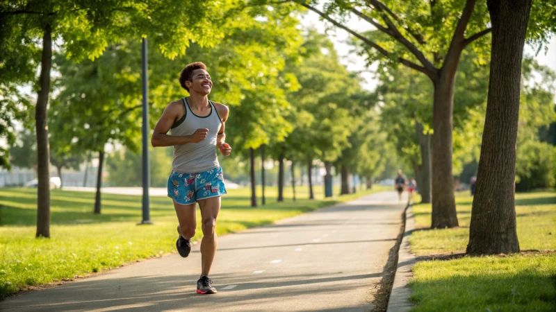 A young adult jogging in a sunny park